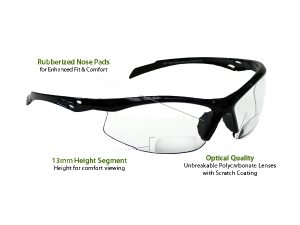 +1.0 Diopter Bifocal Safety Glasses: Clear Lenses