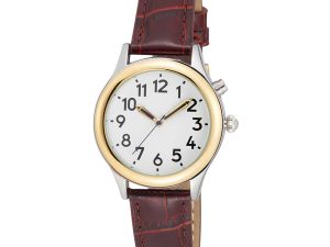 Ladies Two Tone Talking Watch White Face Brown Leather Band - Choice of Voices Male & Female English
