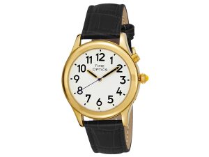 Men's Gold Tone Talking Watch White Face Black Leather Band Choice of Voices Male & Female - English