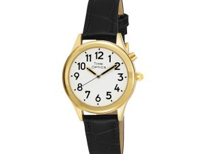 Ladies Gold Tone Talking Watch White Face Black Leather Band - Choice of Voice Male & Female English